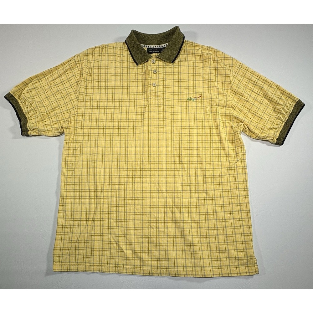Greg Norman Mens XXL Polo Shirt Yellow Plaid Golf Shark Cotton Short Sleeve